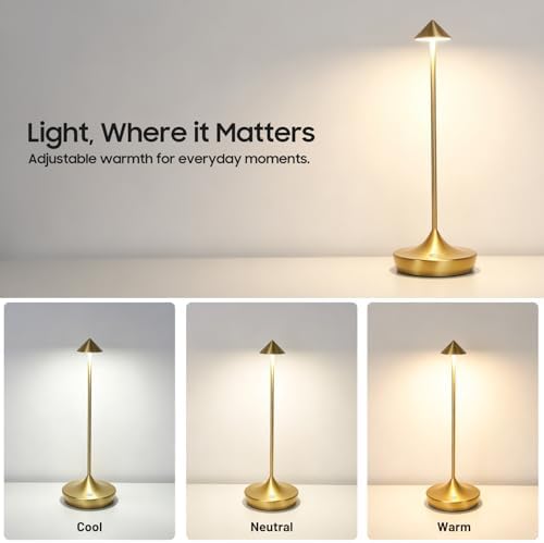 Cordless LED Table Lamp, Rechargeable, 3 Color Dimmable, Gold - Image 4