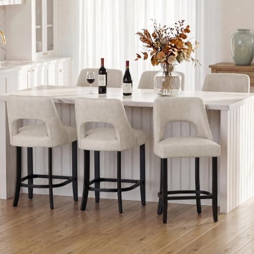 UVV Bar Stools Set of 6, Modern Upholstered Counter Height Bar Stools, Faux Leather Counter Stools BarStools with Wood Legs for Kitchen Island Dining Room Bar, Beige by UVVLivetheQualityLife