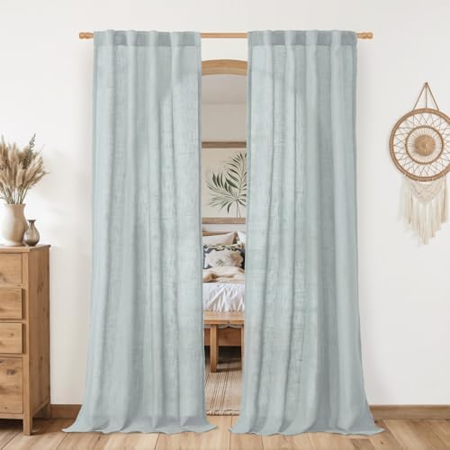 LAMIT Greyish Blue Linen Boho Curtains 80 inch Length 2 Panels for Doorway by LAMIT