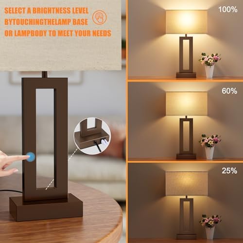 Seealle Bedroom Lamps for Night Stands - Touch Control, 3 Way Dimmable, USB C+A Charging, LED Bulbs, Easy Assembly(Yellow&Brown) - Image 2