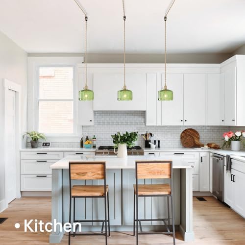 Shenmoyl Plug in Pendant Light Hanging Light Fixtures with Plugin Cord On/Off Switch,Green Striped Glass Lampshade Brass Pendant Light - Image 3