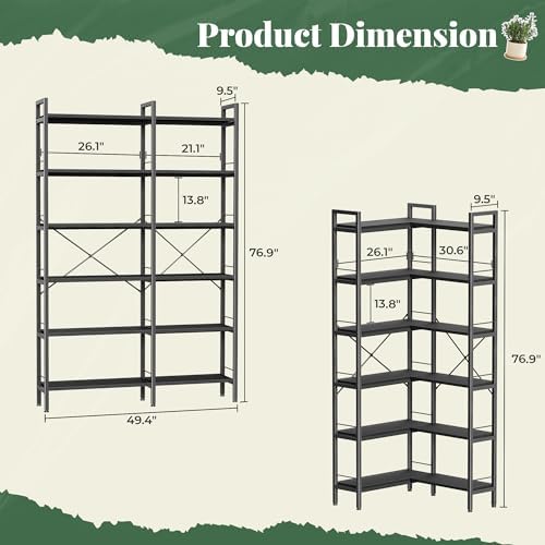 Huuger 6 Tier Bookshelf, L Shaped Corner Bookshelf with Open Shelves, 49.4 Inch Straight Wide Bookcase with Metal Frame and Wooden Board, Adjustable Feet, Black - Image 3