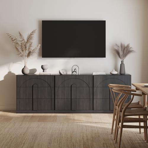 BELLEZE Sideboard Cabinet with 3 Drawers, Set of 3 Modern Wood Buffet Cabinet with Arc Design, Large Fluted Sideboard with Storage for Kitchen Living Room Entryway, Ebony by BELLEZE
