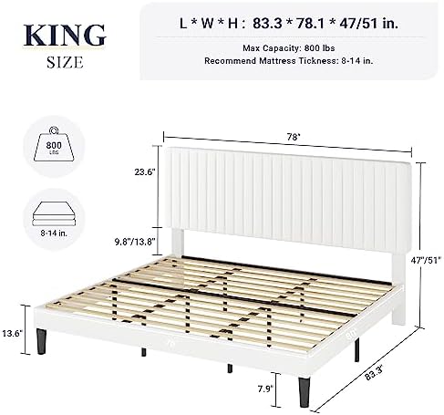 Allewie King Bed Frame, Velvet Upholstered Platform Bed with Adjustable Vertical Channel Tufted Headboard, Mattress Foundation with Strong Wooden Slats, Box Spring Optional, Easy Assembly, Off-White - Image 2