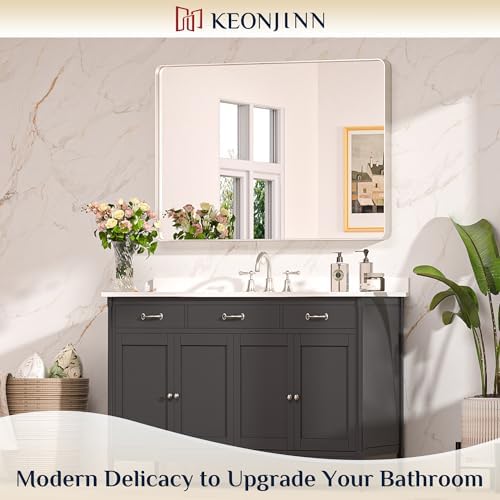 Keonjinn 40 x 30 Inch Brushed Nickel Bathroom Vanity Mirror, Tempered Glass - Image 2