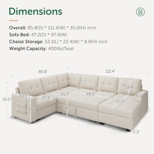 HONBAY Modular Sectional Sleeper Sofa with Pull Out Bed, U Shaped Sleeper Couches with Storage Chaise, 114'' Sleeper Sectional Sofas for Living Room, Apartment (Beige) - Image 2