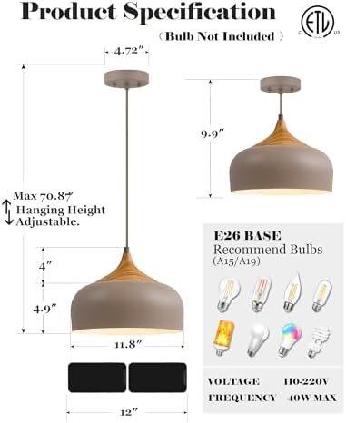 ELYONA 12" Japandi Pendant Light, Farmhouse Pendant Light Fixture with Faux Pine Wood Grain Metal Shade, Adjustable Hanging Light for Kitchen Island Dining Room Bedroom Sloped Ceiling, Caramel Brown - Image 4