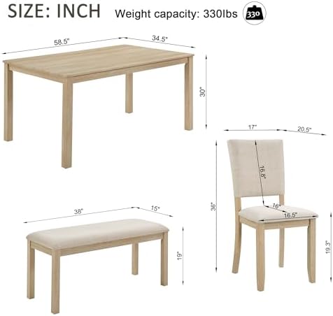 VilroCaz Farmhouse 6 Piece Dining Table Set, Wooden Rectangular Kitchen Table Set with 4 Upholstered Chairs and Bench for Living Room, Kitchen, Dining Room - Image 3