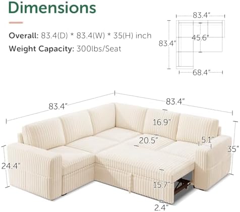 HONBAY Modular Sectional Sleeper Sofa with Pull Out Bed,Corduroy L Shaped Couch with Storage, Sectional Couches for Living Room,Beige - Image 2