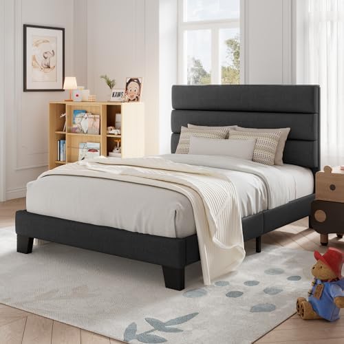 Allewie Twin Size Platform Bed Frame with Fabric Upholstered Headboard Gray - Image 3