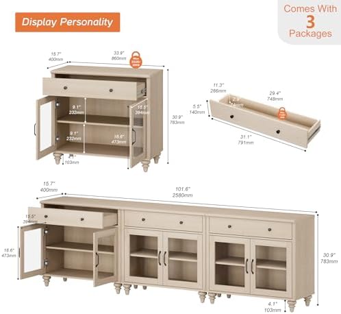 WAMPAT Sideboard Buffet Cabinets with 6 Glass Doors, Large Kitchen Storage Cabinets, Wooden Coffee Bar Tables with Vintage Gourd Leg, Sideboard Credenza Table for Dining Room, Living Room, Beige, 102" - Image 2