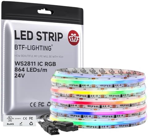 BTF-LIGHTING IP66 RGB WS2811 Smart IC FCOB COB LED Strip, UL Listed 864LEDs/m High Density Color Chasing Uniform Light, DC24V 16.4FT 12mm Width Tape Light for Home DIY Decor(No Adapter or Controller) by BTF-LIGHTING