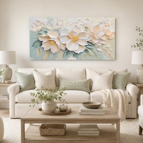 Anolyfi Large White Floral Canvas Wall Art for Living Room Bedroom 40"x20" - Image 6