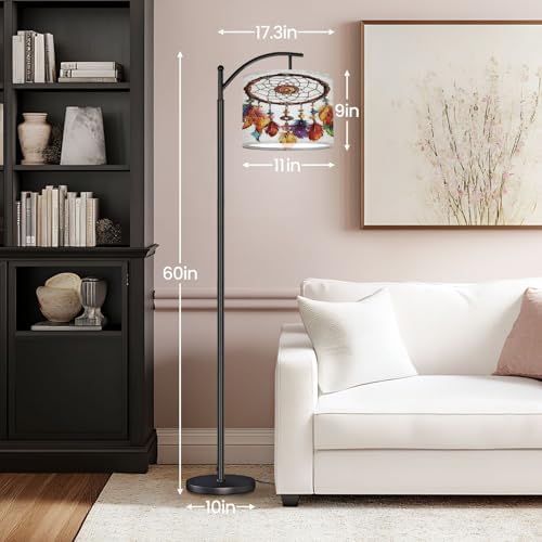 Modern Arc Floor Lamp, Native american indian traditional symbol Bright colored feathers Standing Lamp with Hanging Linen Shade Adjustable Foot Switch for Living Room Bedroom Study Room Office - Image 5