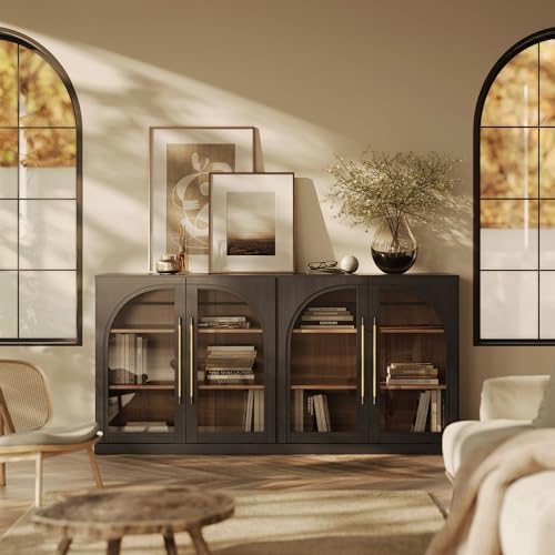 BELLEZE 65" Arched Sideboard with Glass Door, Accent Buffet Cabinet with Storage and Adjustable Shelves, Classic Modern Large Console Table for Dining Room Living Room Entryway (Ebony) by BELLEZE