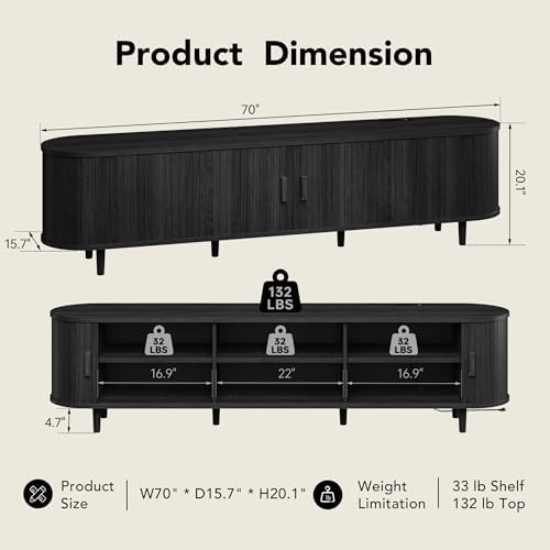 MXV 70" TV Stand with Sliding Doors for Living Room, Mid Century Modern Entertainment Center, TV Console with Fluted Door Cabinets and Power Outlet, Black - Image 5
