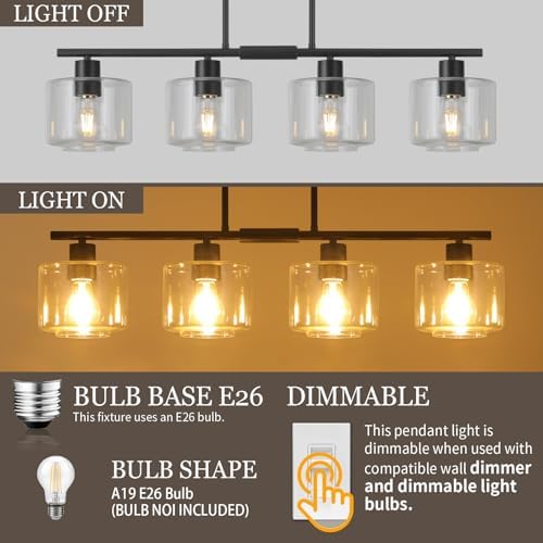 4-Light Kitchen Island Lighting, Modern Black Linear Dining Room Chandelier Light Fixtures with Clear Glass and Chain, Farmhouse Hanging Lights for Kitchen Island Dining Room, OS-YQ8153-4ISBKC - Image 4
