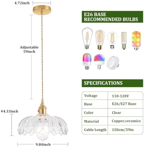 Shenmoyl Pendant Light with Clear Scindapsus Glass Lmapshade, Brass Vintage Pendant Light Adjustable Hanging Light for Kitchen Island Dining Room Hallway - Image 5