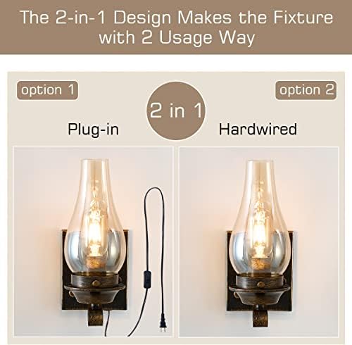Yisuro Wall Sconces Sets of 2, Oil Rubbed Bronze Plug in Wall Sconce,Retro Rustic Wall Lamps,Sconces Wall Lighting with Amber Glass,Indoor Vintage Bedside Wall Lighting for Living Room Bathroom - Image 6