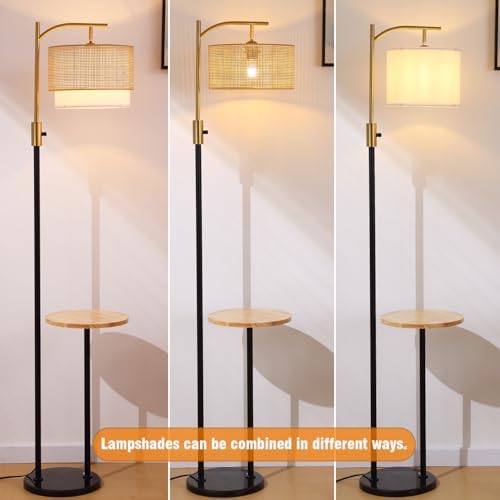 Dimmable Floor Lamp with Table and Marble Base, Arc Floor Lamp with Bulb, Boho Farmhouse Standing lamp with Fabric & Bamboo Shades for Living Room Bedroom - Image 6