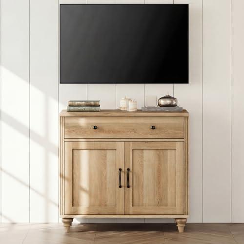 WAMPAT 34’‘ Oak Buffet Cabinet with Doors and Drawer, Wood Kitchen Storage Cabinet Modern Farmhouse Coffee Bar Table Sideboard Credenza for Dining Room - Image 5