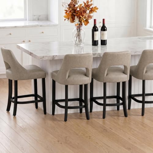 UVV Bar Stools Set of 2, Upholstered Counter Height Bar Stools, Modern Counter Stools with Wood Legs for Kitchen Island Dining Room Bar, Khaki-Black Legs - Image 3