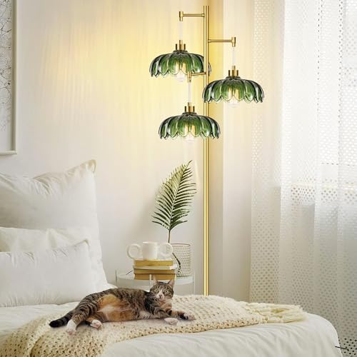 QIYIZM Glass Floor Lamp for Living Room,Bedroom,Mid Century Modern Standing Lamp Brass Tree 3 Light Tall Floor Lamps Vintage Retro Floor Lights Gold Green Flower Lamp Shade Farmhouse Boho Bohemian - Image 2