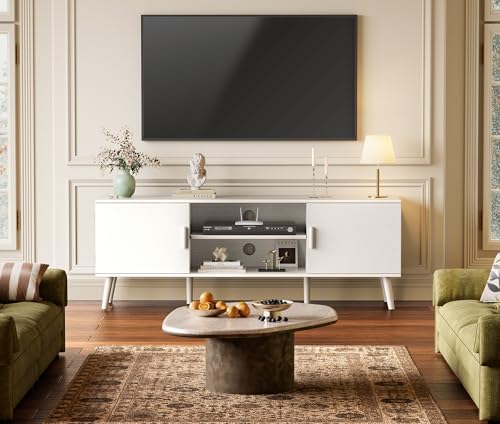 SUPERJARE TV Stand for 55 Inch TV, Entertainment Center with Adjustable Shelf, 2 Cabinets, TV Console Table, Media Console, Solid Wood Feet, Cord Holes, for Living Room, Bedroom, White - Image 2