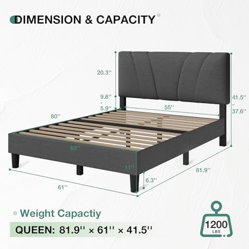 Novilla Queen Size Bed Frame Upholstered Queen Bed Frame with 3-Height Adjustable Headboard, Strong Weight Capacity, No Box Spring Needed, Easy Assembly, Grey - Image 2
