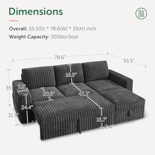 HONBAY Modular Sectional Sofa with Pull Out Bed,Corduroy L Shaped Sleeper Sofa with Storage, Sectional Couches for Living Room,Dark Grey - Image 2