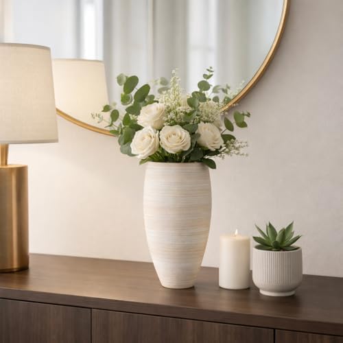 Tapered Cylinder Vase for Home Decor - 3D Printed Porcelain Flower Pots for Bathroom Counter, Bedroom, Kitchen, and Living Room Centerpiece - Ceramic Accent for Office Shelf - 14", Tan & Ivory by NESSANDJORD