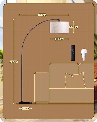 EDISHINE 78.3″ Modern Arc Floor Lamp with Remote, Tall Black Standing Lamp with Stepless Dimmable Bulb & 5 Color Temperature, Curved Mid Century Floor Lamps for Living Room, Bedroom, Nursey - Image 2
