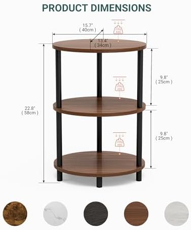 Round Pedestal End Table - 3-Tier Oval Accent Table for Small Spaces, Rustic Wood and Metal Couch Side Table, Nightstand for Bedroom or End Table Living Room, Easy to Assemble, Rustic Walnut - Image 2