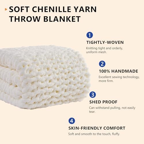 L'AGRATY Chunky Knit Throw Blanket for Couch, 50 x 60 Inches, Cream White - Image 2