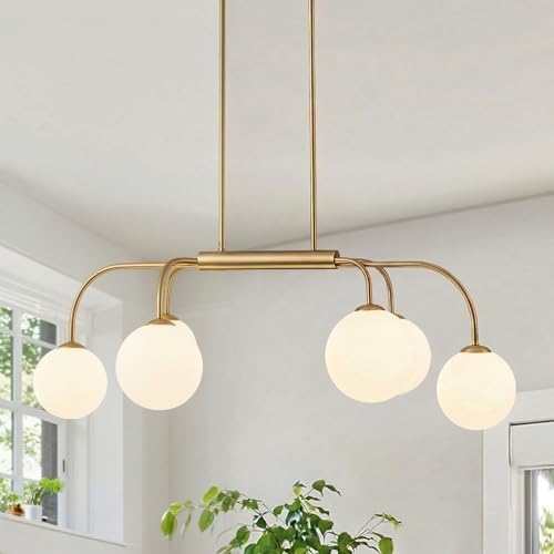 LamQee 41 Inch Mid Century Modern Linear Chandelier, 6 Lights Milk Glass Globe Chandeliers Light Fixture with Gold and White Ball, Large Pendant Lighting Ceiling Hanging for Dining Room Kitchen Island by LamQeeLights