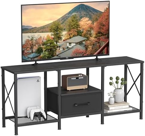 JARHETUN TV Stand with Fabric Drawer, Entertainment Center for 50 55 Inch TV, Industrial TV Console Table with Open Storage Shelves for Living Room, Bedroom, Black by JARHETUN