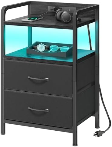 Fixwal Black Led Nightstand, Rear Charging Station, 2 Fabric Drawers by Fixwal