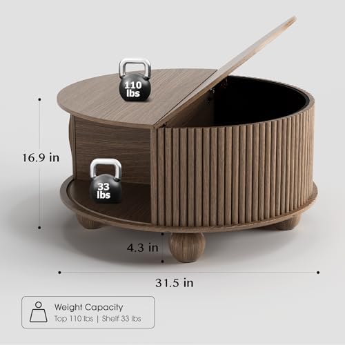 JOINICE 31.5" Round Coffee Table with Storage,Unique Bun Feet,Walnut Finish - Image 2