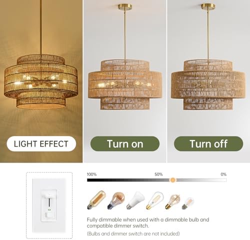 24" Rattan Chandelier for Dining Room, Large Boho Pendant Light - Image 4