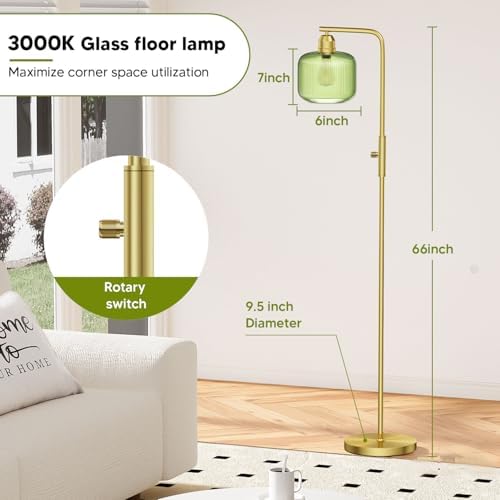 66" Dimmable Gold Standing Lamp with Green Ribbed Glass for Living Room - Image 4