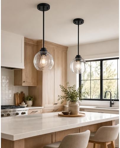 2-Pack Pendant Lights Kitchen Island, 7" Modern Black Hanging Lights Fixtures with Clear Seeded Glass Globe Shade, Kitchen Island Lighting for Bathroom, AD-22280-1P2-BK-S by Audickic