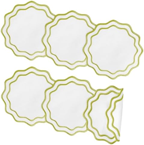 Set of 6 Sage Green Cotton Linen Coasters 5.5 Inch Embroidery Scalloped Coasters Floral Drink Mats for Table Decor Washable Fabric Cup Mats for Wedding Tea Party Festival Spring Holiday Entertaining by Stuffygreenus