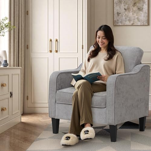 Accent Chairs Set of 2, Upholstered Living Room Chairs with Side Pockets, Mid Century Modern Reading Chair for Bedroom, Comfy Armchair Single Sofa Side Chair for Office, Small Room, Light Grey - Image 3