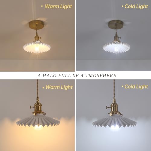 Shenmoyl Pendant Light 2 Pack with White Pleated Ceramic Lmapshade, Brass Vintage Pendant Light Adjustable Hanging Light for Kitchen Island Dining Room Hallway - Image 4