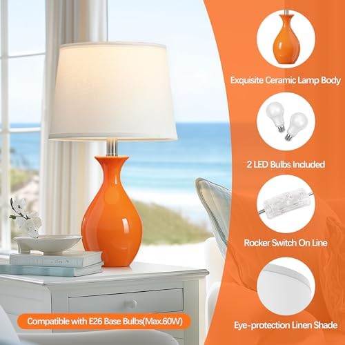 PARTPHONER Table Lamp Set of 2, Modern Ceramic Bedside Lamps for Night Stands, Classic Small Lamp Nightstand Lamp for Bedroom Living Room Desk End Table Rocker Swtich Orange - Image 3