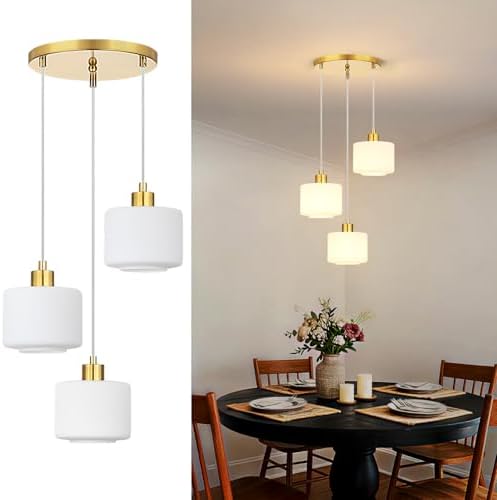 Brushed Gold Dining Room Chandelier Light Fixture, 3-Light Pendant Lighting with Milk Glass, Modern Kitchen Island Cluster Hanging Pendant Lights for Kitchen Dining Room, OS-YQ8153-3BGW by Osimir