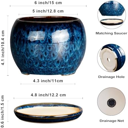 SQOWL 6 Inch Plant Pot - Ceramic Planter Pot with Drainage Hole and Saucer, Succulent Pot Round Flower Pot for Indoor Plants Outdoor, Blue - Image 3