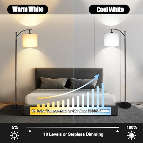 mukuxin LED Floor Lamps for Living Room, 12W 1200LM Modern Arc Floor Lamp with Remote & Adjustable Linen Lampshade, 12 Color Temperature Stepless Dimmable Tall Standing Lamp - Image 2