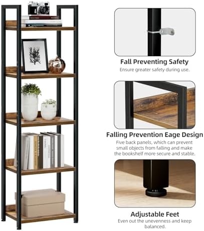 NUMENN Narrow Bookshelf, 5 Tier Freestanding Shelving Unit, Vintage - Image 5