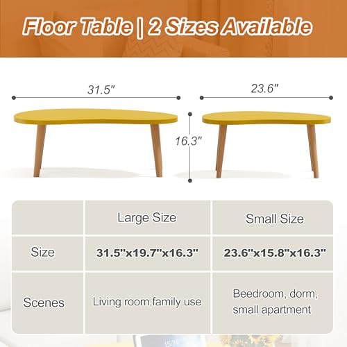Coffee Table Low Table with Solid Wood Legs, 31.5x19.7" Large Coffee Table Side Table, Floor Table Desk for Sitting on The Floor, Living Room Furniture for Office Apartment Home, Mango Yellow - Image 2